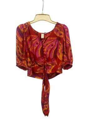 Joie Red Multi Color Swirls Tie-Front Printed Crop Top Blouse size S/P